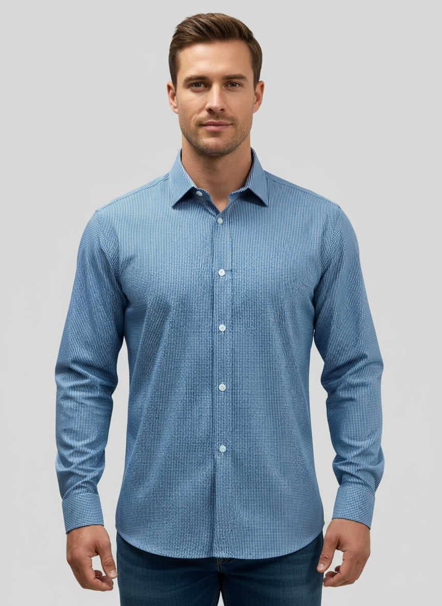 Camisa de botones Old Navy de cuadros finos en color azul navy y blanco Talla M Entalle Slim Fit