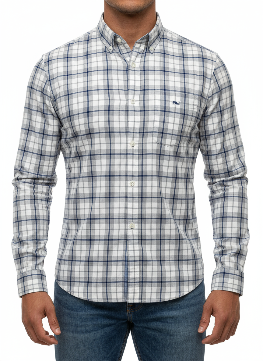 Camisa Vineyard Vines 🐳 color blanco con cuadros tartán en color gris y azul Talla S entalle Slim Fit