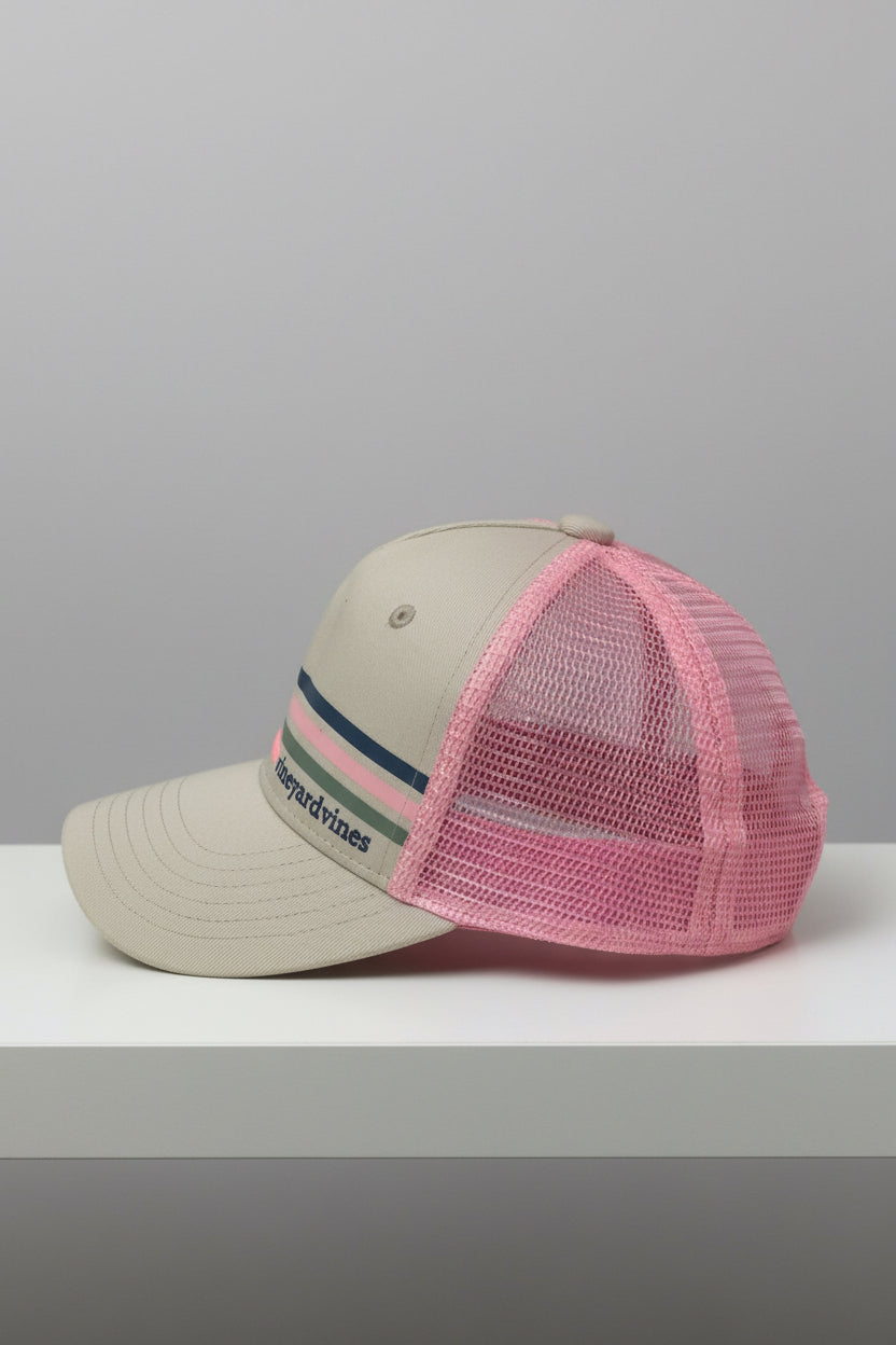 Gorra de mujer Vineyard Vines 🐳 color kaki y rosado con diseño de rayas