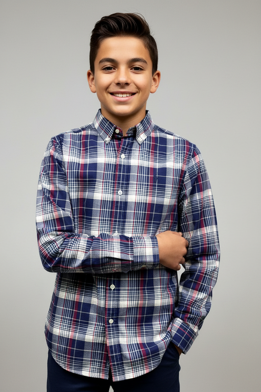 Camisa Polo Ralph Lauren 🏇🏼 con patron de cuadros en azul oscuro, rojo y blanco Talla L (14-16) de niño Entalle Regular