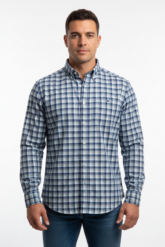 Camisa de botones Vineyard Vines 🐳 Performance de cuadros en color gris y azul Talla S Entalle Clásico