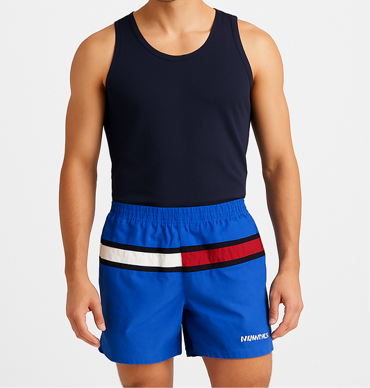 Short de baño Tommy Hilfiger color azul con franja en color azul, rojo y blanco talla L