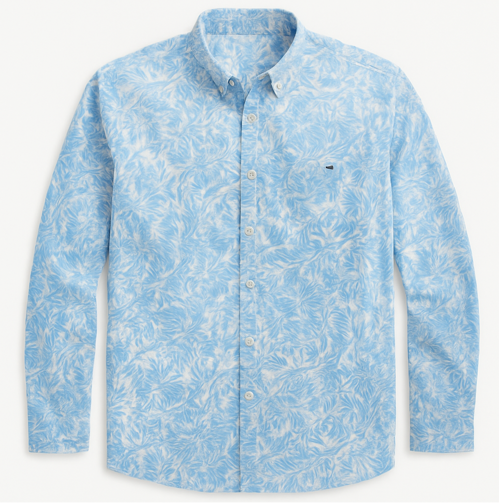 Camisa de botones Vineyard Vines 🐳 color blanco con diseño de Hojas en color celeste Talla M Entalle Slim Fit