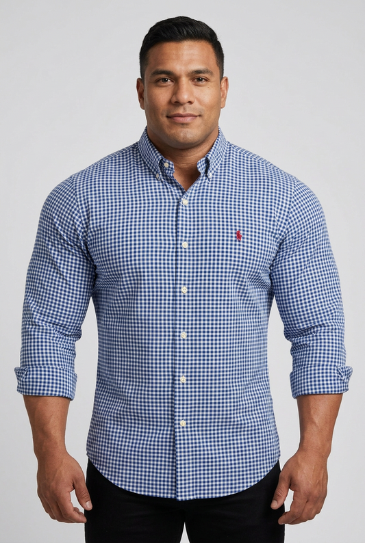 Camisa de botones Polo Ralph Lauren 🏇🏼 Oxford de cuadros gingham azul y blanco Talla L Entalle Clásico