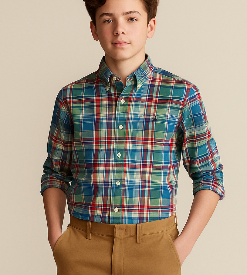 Camisa de niño Polo Ralph Lauren 🏇🏼 con patron de cuadros en celeste, verde, amarillo y blanco Talla L (14-16) Entalle Regular