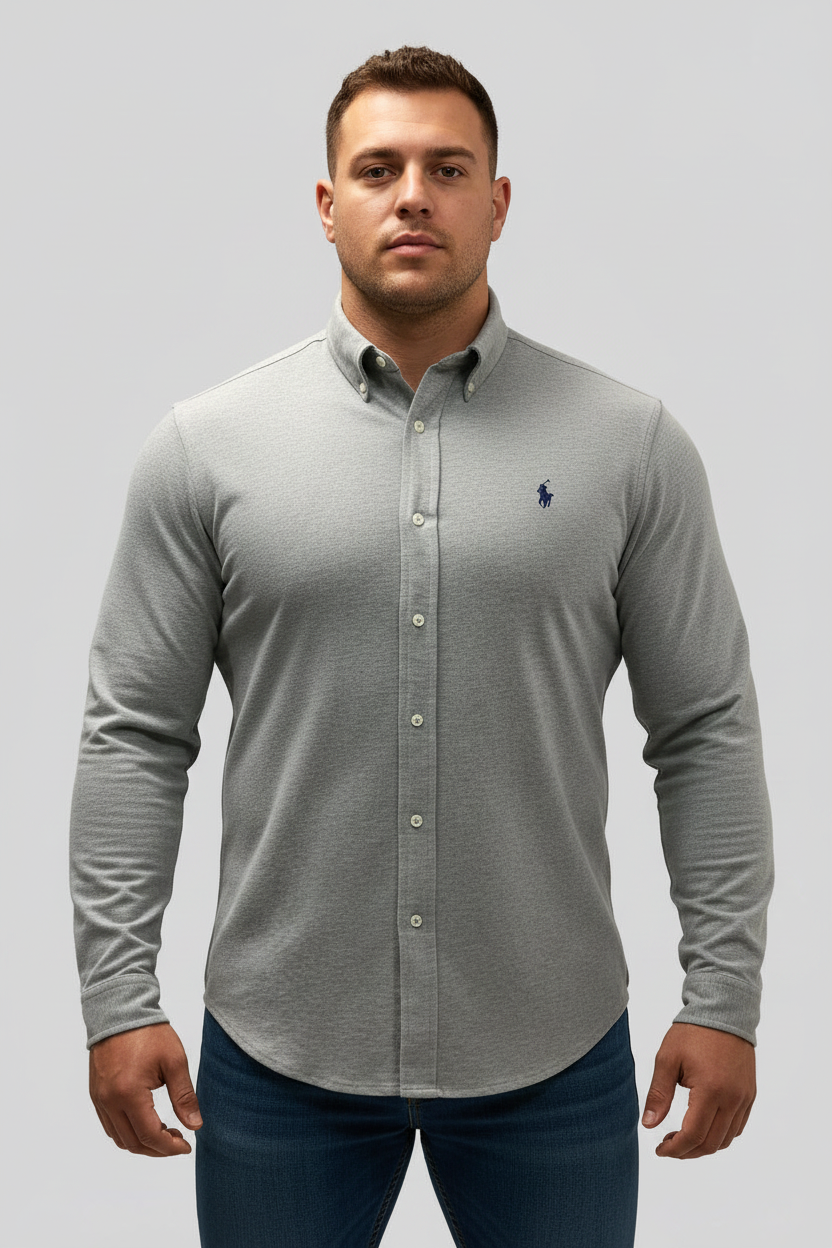 Camisa Polo Ralph Lauren 🏇🏼 Tela camiseta (Featherweight Mesh) en color gris claro Talla XL Entalle Regular