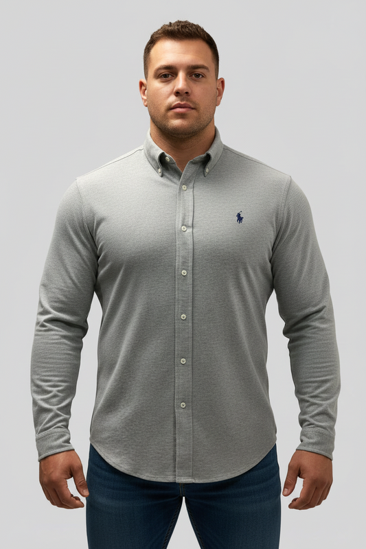 Camisa Polo Ralph Lauren 🏇🏼 Tela camiseta (Featherweight Mesh) en color gris claro Talla XL Entalle Regular