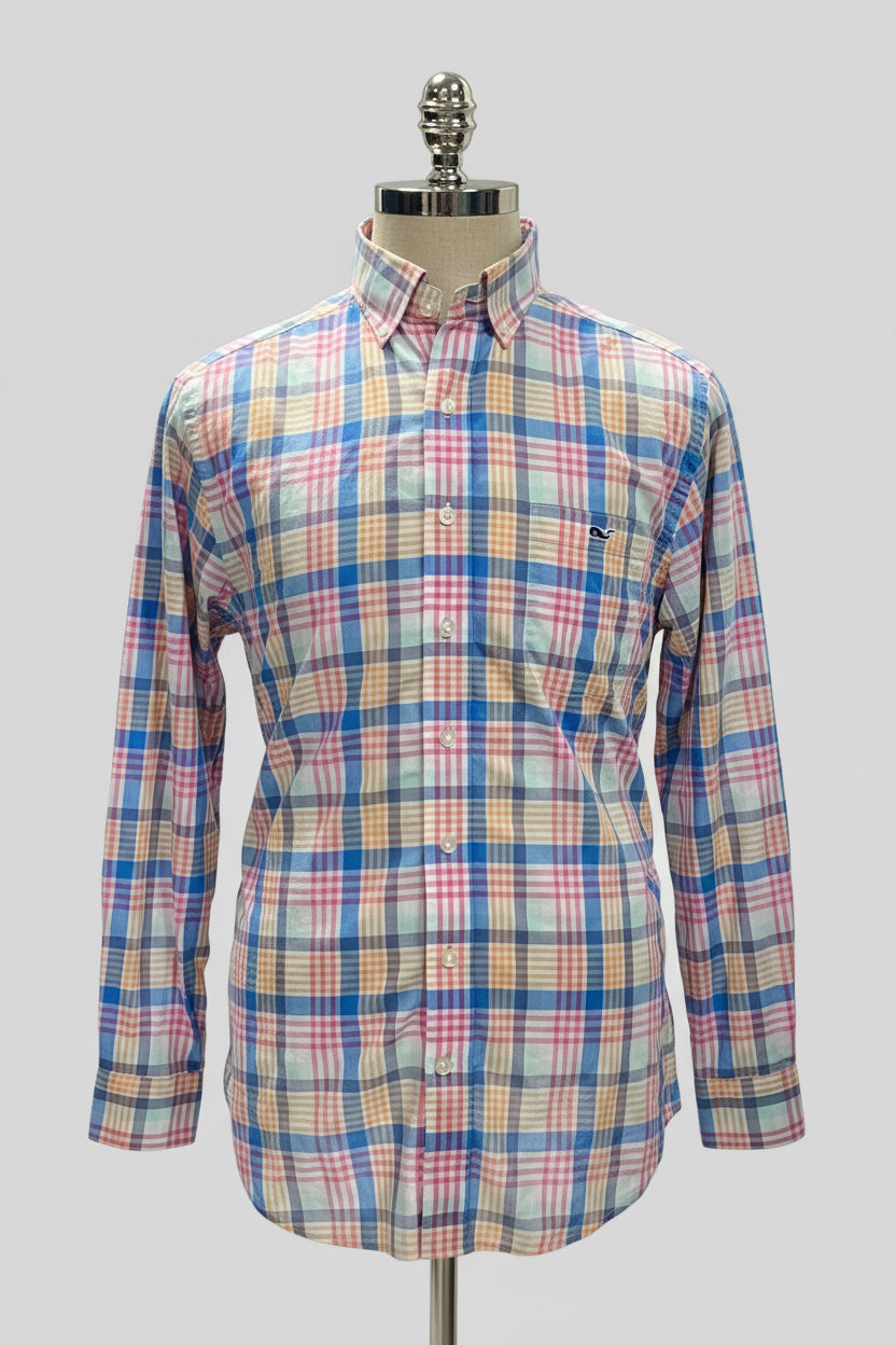 Camisa de botones Vineyard Vines 🐳 de cuadros tartán en color rosado, celeste, naranja y blanco Talla M Entalle Slim Fit