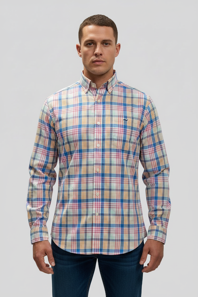 Camisa de botones Vineyard Vines 🐳 de cuadros tartán en color rosado, celeste, naranja y blanco Talla M Entalle Slim Fit