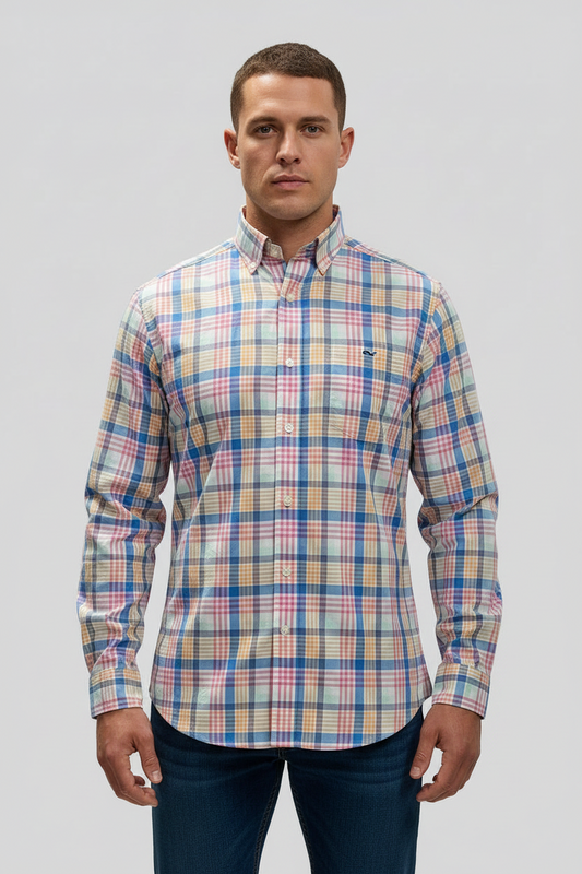Camisa de botones Vineyard Vines 🐳 de cuadros tartán en color rosado, celeste, naranja y blanco Talla M Entalle Slim Fit