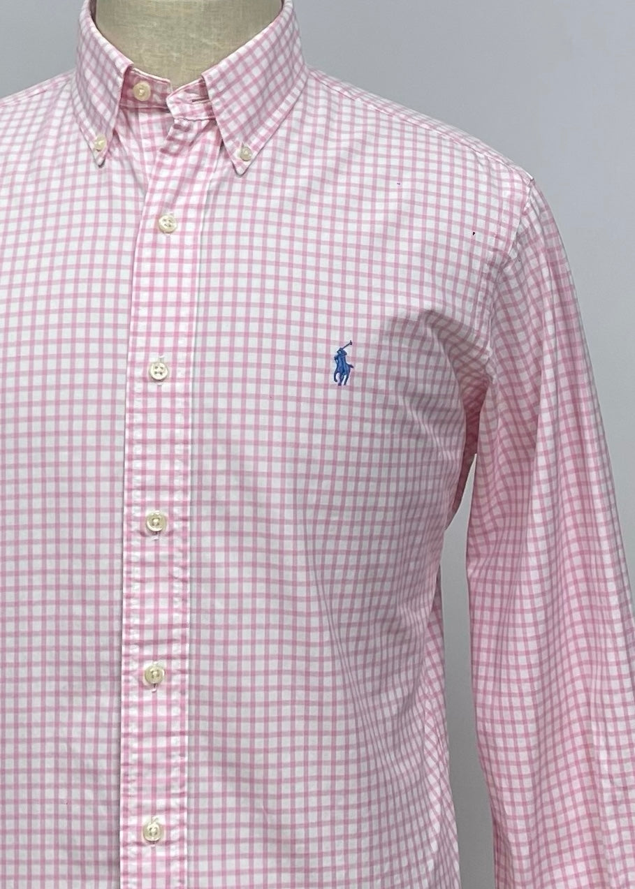 Camisa Polo Ralph Lauren 🏇🏼 color blanco con patron de cuadros rosado Talla M Entalle Clásico