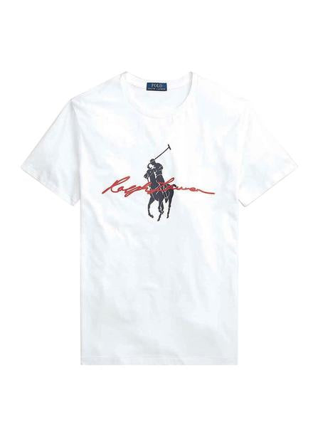 Camiseta cuello redondo Polo Ralph Lauren 🏇🏼 color blanco con diseño de logo en azul y rojo Talla Medium Entalle Clásico