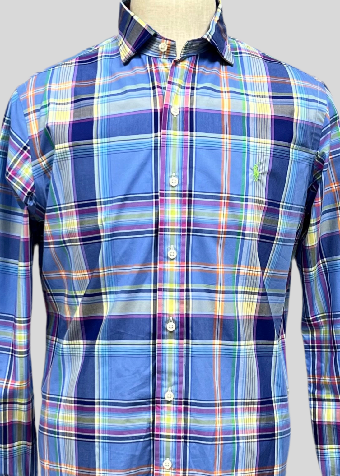 Camisa Polo Ralph Lauren 🏇🏼 con patrón de cuadros tartán azul, celeste y naranja Talla L Entalle Regular