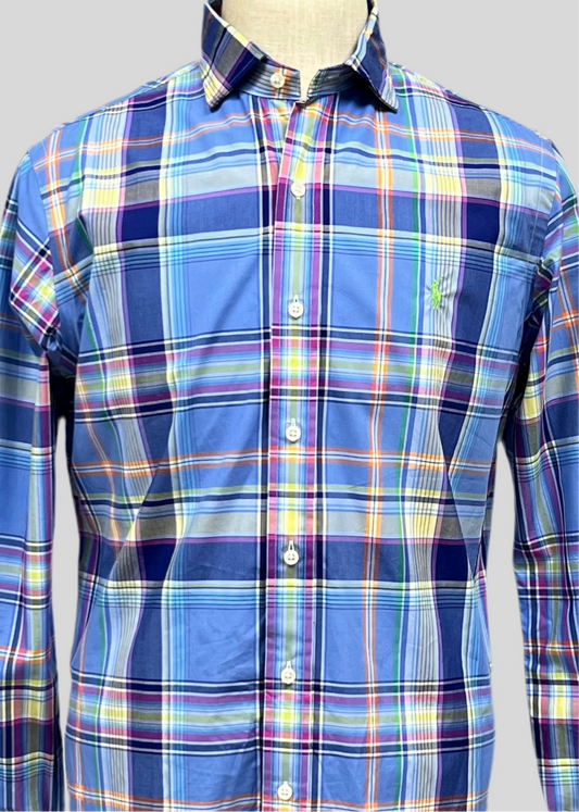 Camisa Polo Ralph Lauren 🏇🏼 con patrón de cuadros tartán azul, celeste y naranja Talla L Entalle Regular