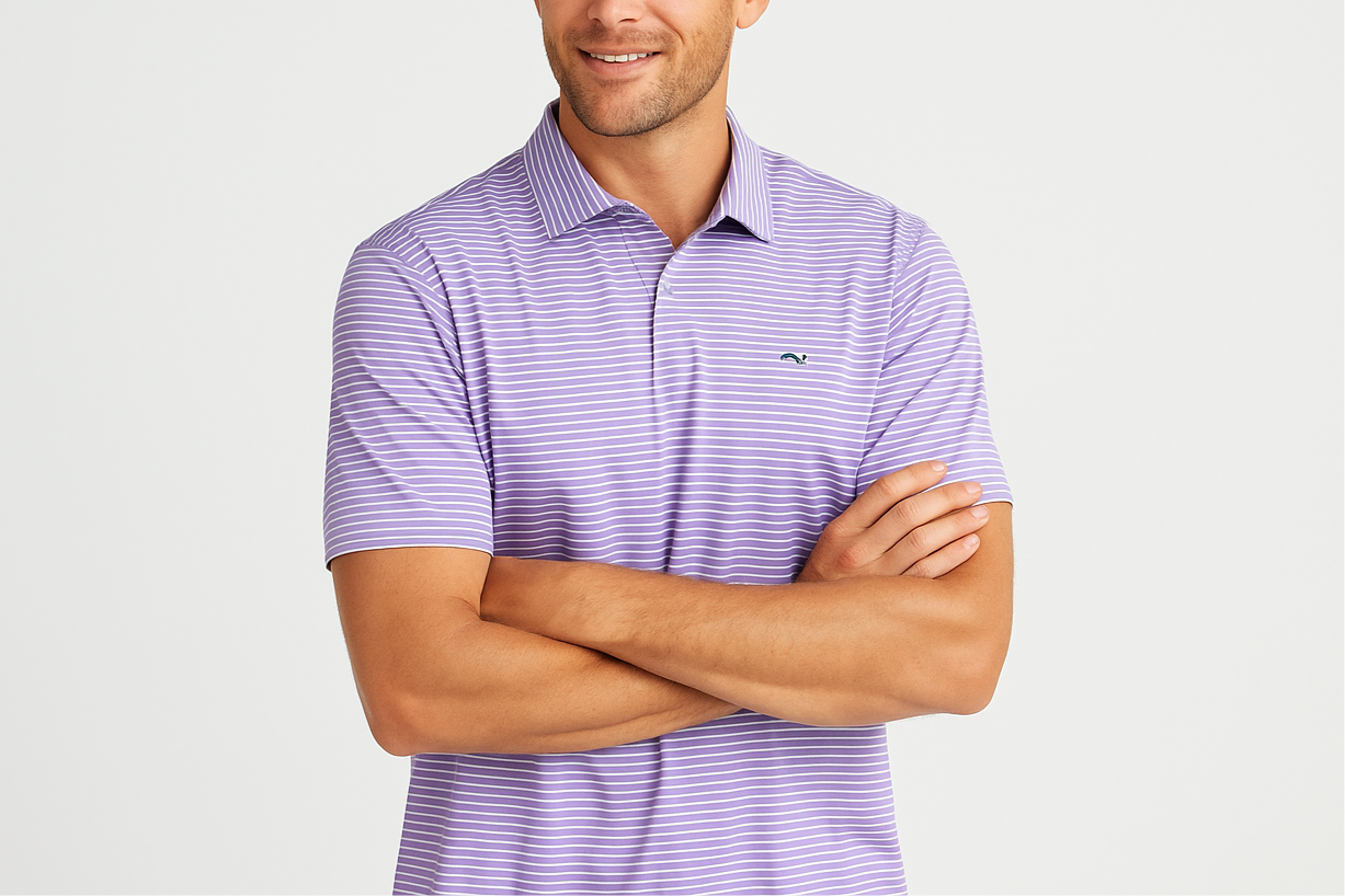 Camiseta Polo Vineyard Vines 🐳 Performance con rayas en morado y blanco Talla XL Entalle Regular
