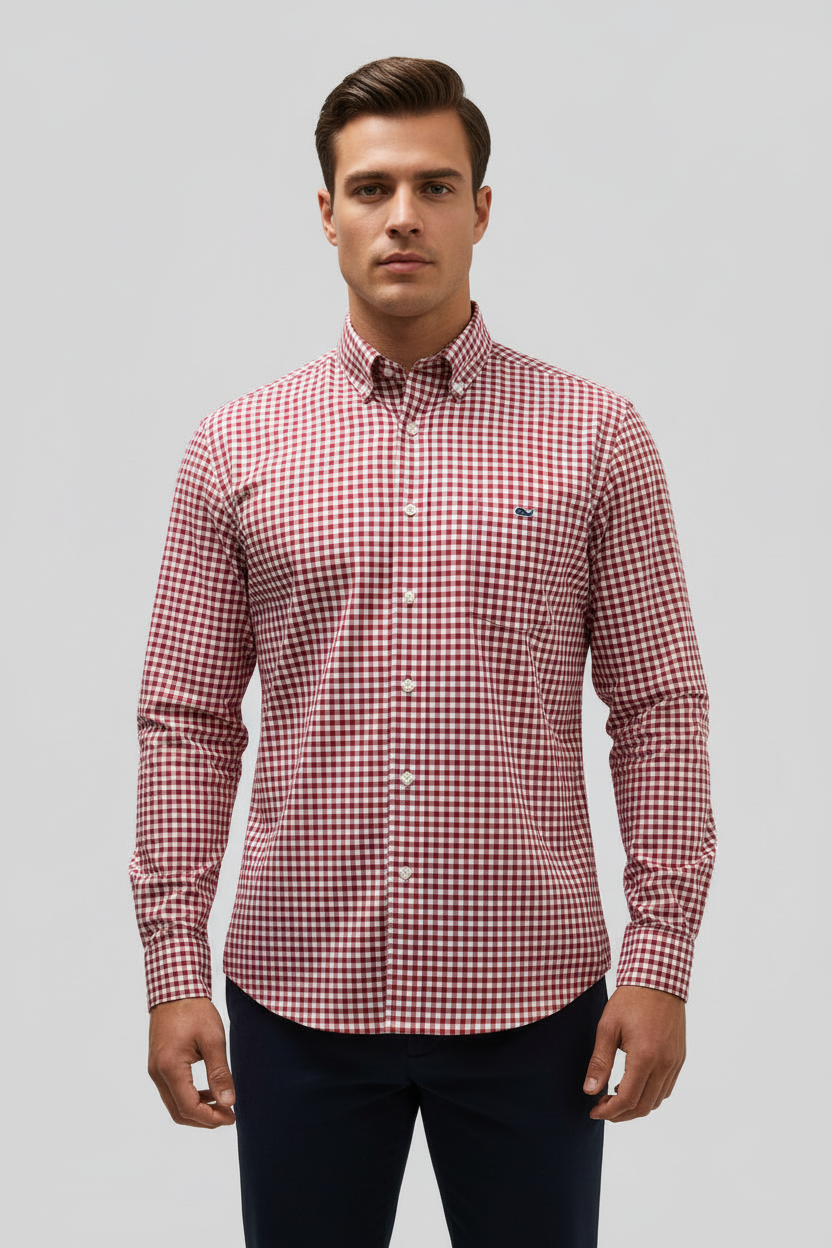 Camisa de botones Vineyard Vines 🐳 de cuadros gingham en color rojo y blanco Talla M Entalle Clásico
