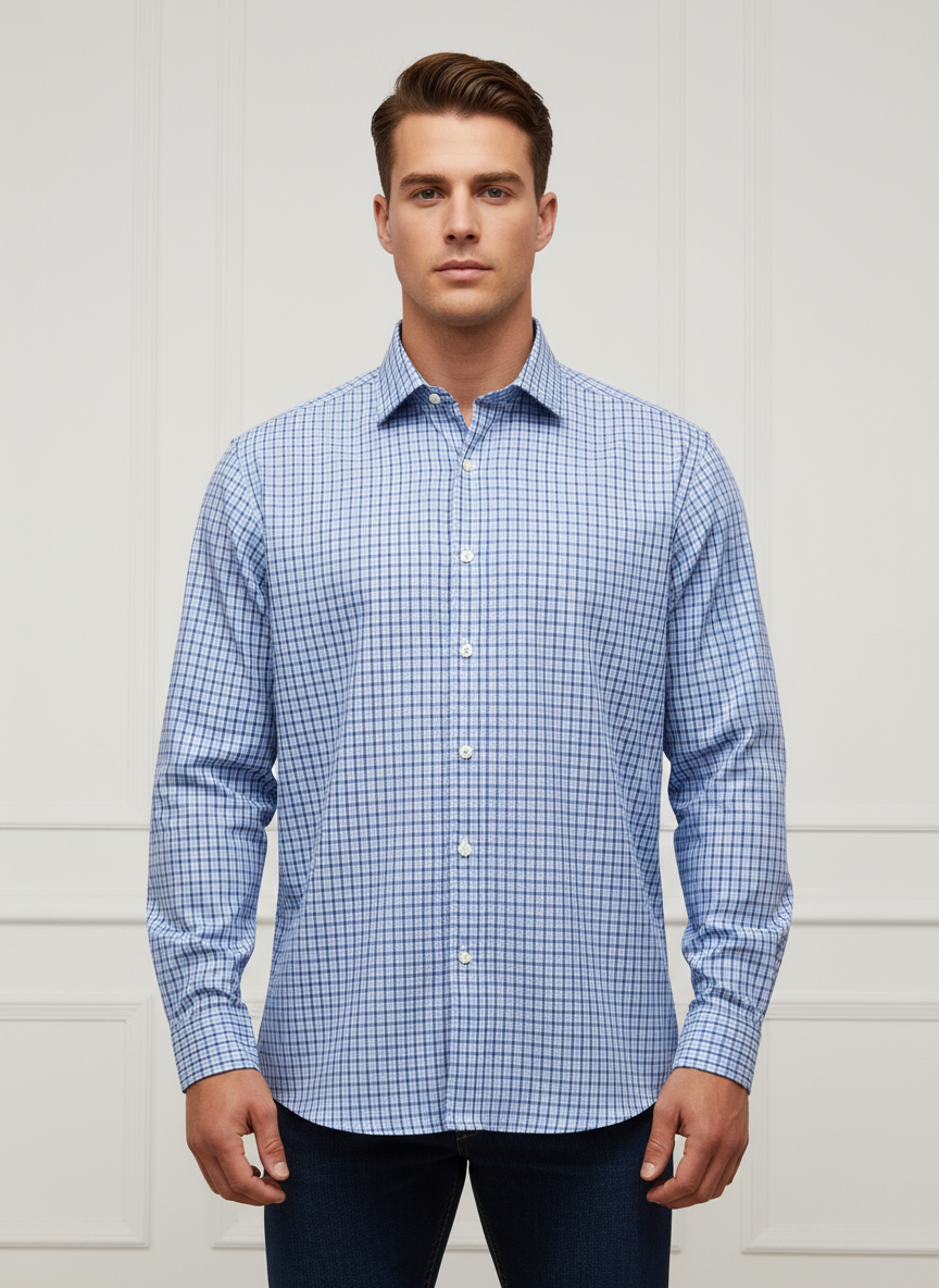 Camisa de botones Michael Kors 🇺🇸 color blanco con cuadros en celeste y azul Talla L Entalle Regular