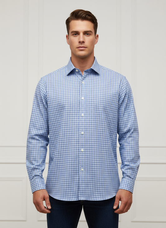 Camisa de botones Michael Kors 🇺🇸 color blanco con cuadros en celeste y azul Talla L Entalle Regular