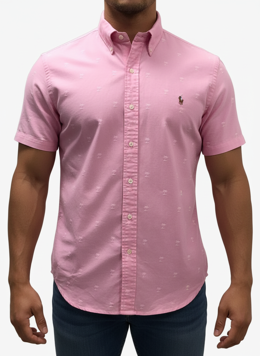 Camisa de botones Polo Ralph Lauren 🏇🏼 Oxford color rosado con diseño de palmeras  en blanco Talla L Entalle Clásico