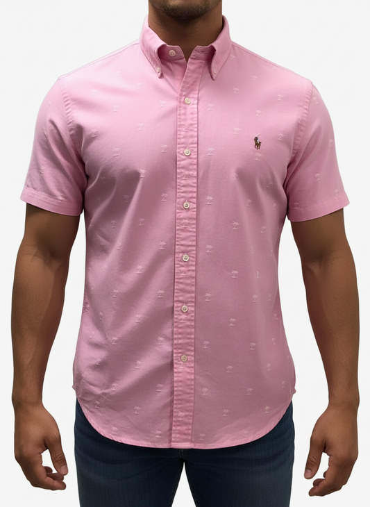 Camisa de botones Polo Ralph Lauren 🏇🏼 Oxford color rosado con diseño de palmeras  en blanco Talla L Entalle Clásico