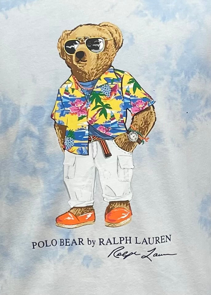 Camiseta cuello redondo Polo Ralph Lauren 🏇🏼 Tye dye color celeste y blanco con diseño de polo bear Talla XXL Entalle Clásico