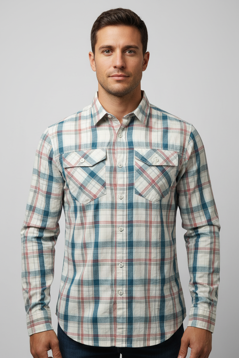 Camisa Columbia 🔹 Color blanco de cuadros en color azul, rojo y gris Talla L