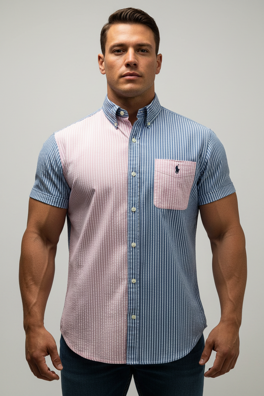 Camisa de botones Polo Ralph Lauren 🏇🏼 Seersucker de rayas en rosado, azul y blanco Talla XL Entalle Clásico