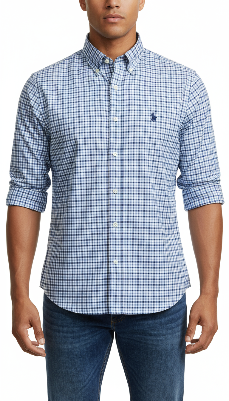 Camisa Polo Ralph Lauren 🏇🏼 Performance color blanco de cuadros azul y celeste Talla M Entalle Clásico