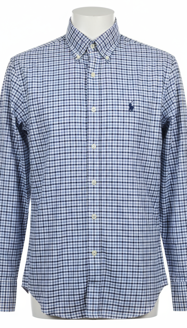 Camisa Polo Ralph Lauren 🏇🏼 Performance color blanco de cuadros azul y celeste Talla M Entalle Clásico