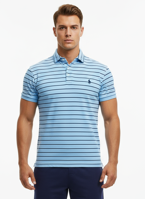 Camiseta Polo Ralph Lauren 🏇🏼 color celeste con patrón de rayas color negro y blanco Talla S Entalle Regular