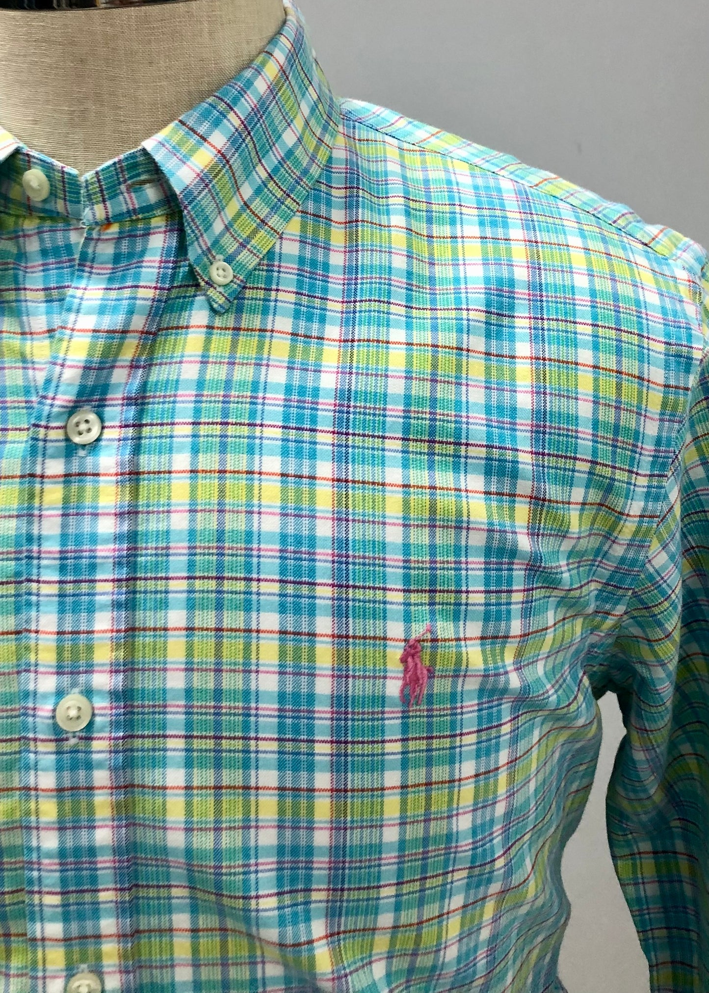Camisa Polo Ralph Lauren 🏇🏼 Oxford de cuadros tartán celeste, verde y blanco Talla L Entalle Regular