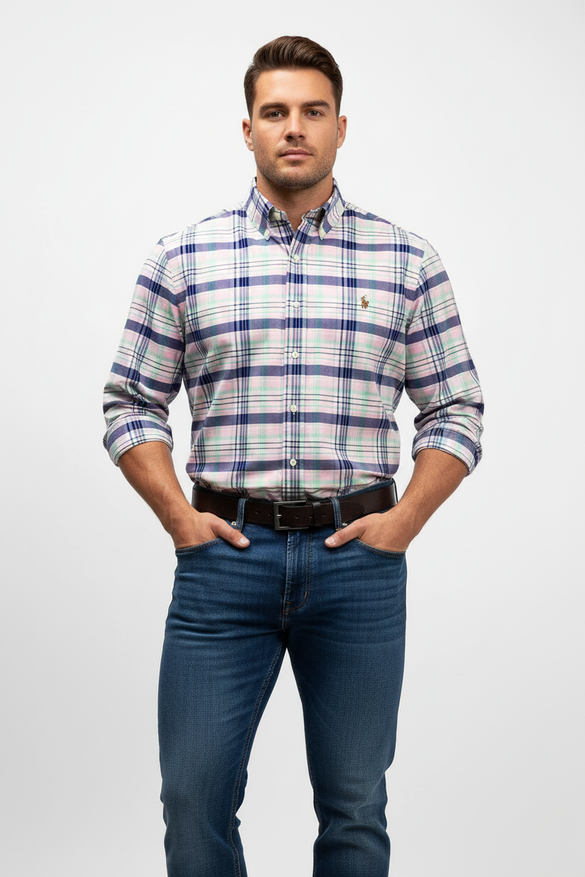 Camisa Polo Ralph Lauren 🏇🏼 de cuadros tartán en color azul, rosado y blanco Talla L Entalle Regular