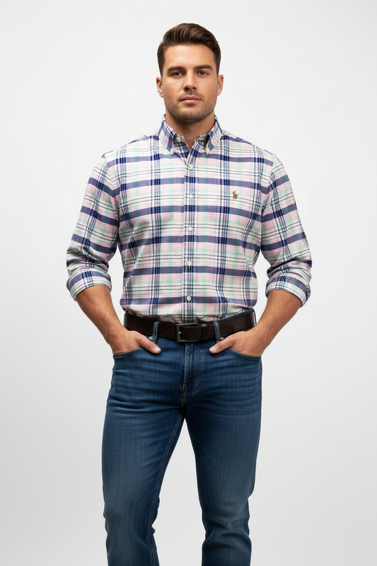 Camisa Polo Ralph Lauren 🏇🏼 de cuadros tartán en color azul, rosado y blanco Talla L Entalle Regular