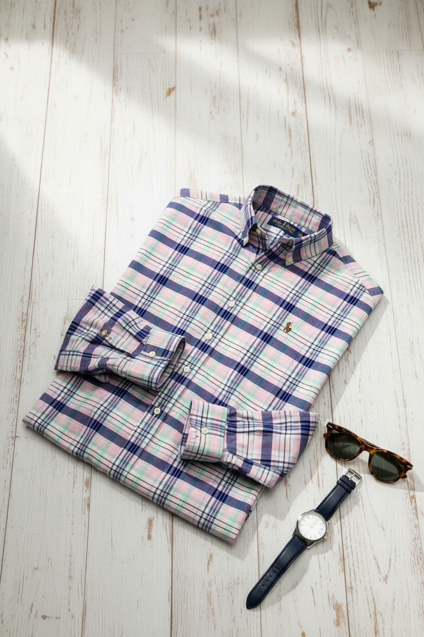 Camisa Polo Ralph Lauren 🏇🏼 de cuadros tartán en color azul, rosado y blanco Talla L Entalle Regular