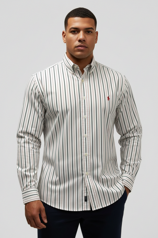 Camisa Polo Ralph Lauren 🏇🏼 Color blanco de rayas en color rojo y negro Talla XL Entalle Clásico