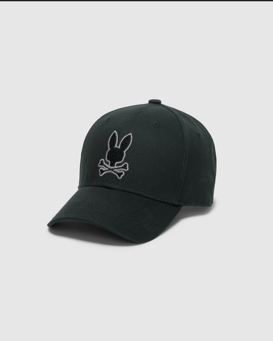 Gorra Psycho Bunny  🐰 color negro con logotipo bordado en relieve color blanco