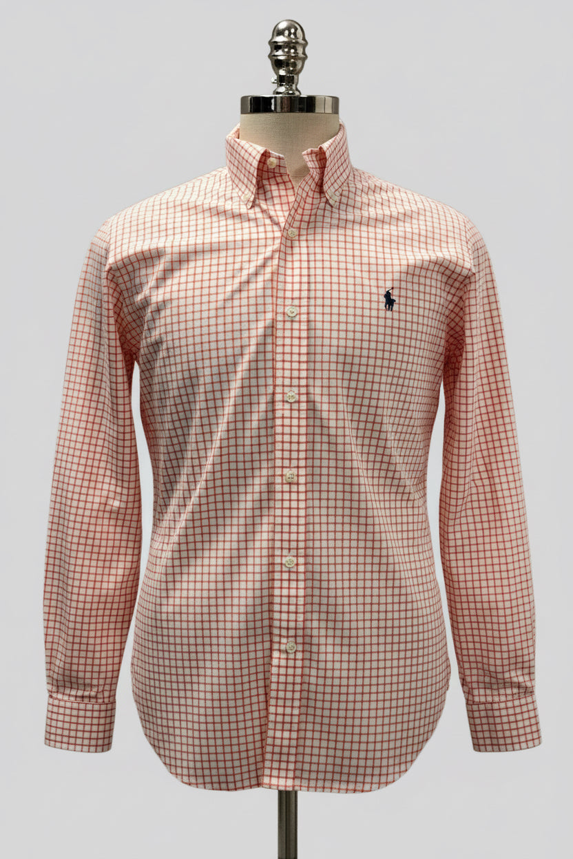Camisa Polo Ralph Lauren 🏇🏼 color blanco con patron de cuadros naranja Talla M Entalle Slim Fit