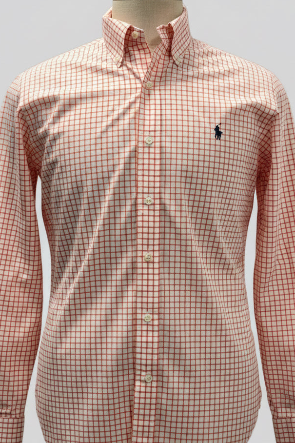 Camisa Polo Ralph Lauren 🏇🏼 color blanco con patron de cuadros naranja Talla M Entalle Slim Fit