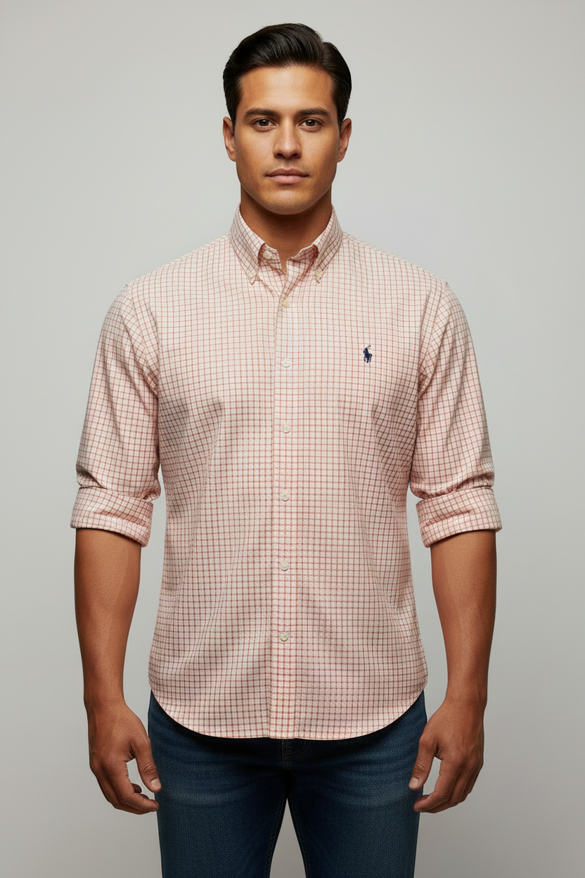 Camisa Polo Ralph Lauren 🏇🏼 color blanco con patron de cuadros naranja Talla M Entalle Slim Fit