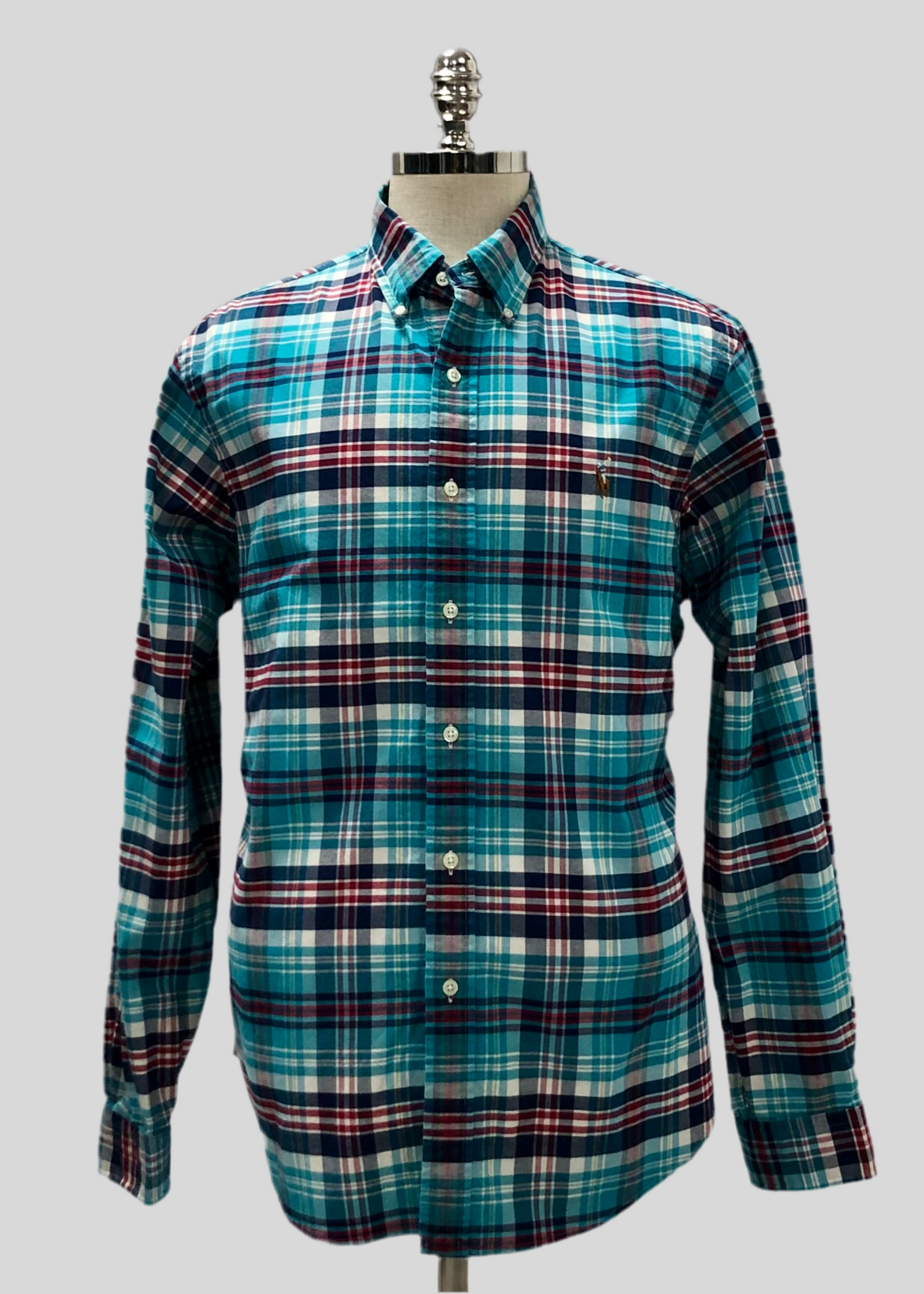 Camisa Polo Ralph Lauren 🏇🏼 con patrón de cuadros gingham turquesa, azul, rojo y blanco Talla XL Entalle Slim Fit