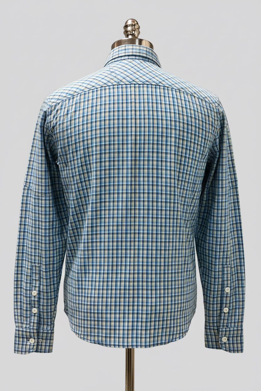 Camisa Columbia 🔹 Con patrón de cuadros en color azul, kaki y blanco Talla S
