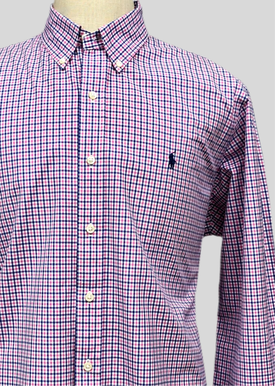 Camisa Polo Ralph Lauren 🏇🏼 blanca con patron de cuadros rosado y azul Talla L Entalle Clásico