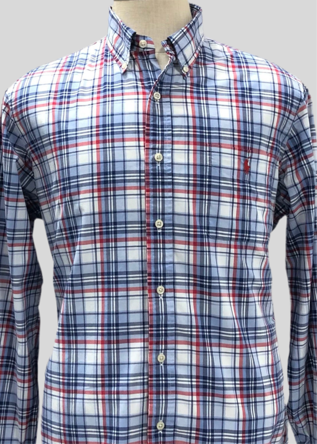 Camisa de botones Polo Ralph Lauren 🏇🏼 color blanco con patron de cuadros rojo y azul Talla L Entalle Regular