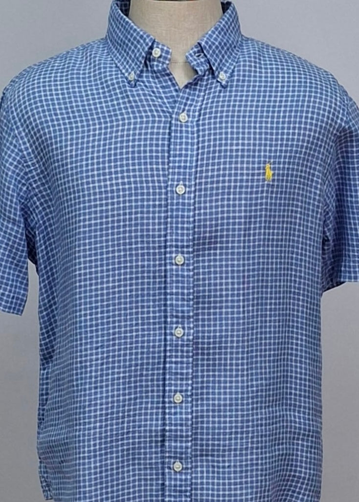 Camisa Polo Ralph Lauren 🏇🏼 de Lino con patron de cuadros en color azul y blanco Talla L Entalle Regular