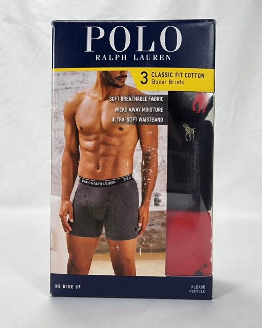 Paquete de 3 Boxer Briefs Polo Ralph Lauren 🏇🏼 Classic Fit Tela algodón stretch color gris oscuro, negro y gris claro Talla S