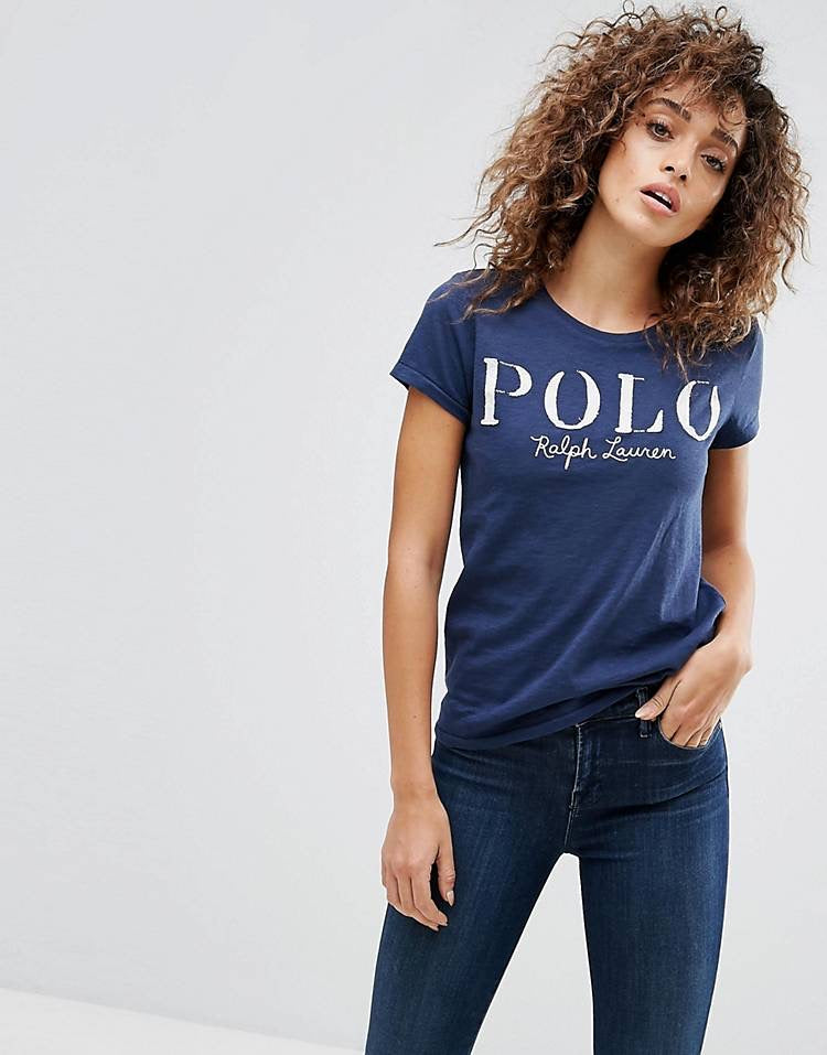 Camiseta cuello redondo de mujer Polo Ralph Lauren 🏇🏼 color azul navy con diseño de logo blanco Talla XS Entalle Regular