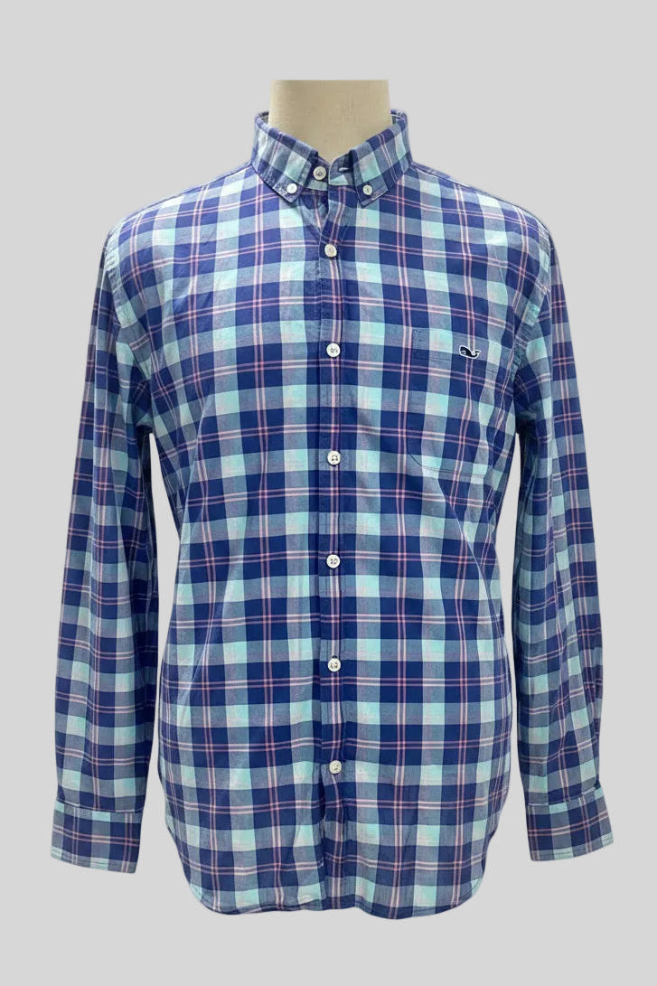 Camisa de botones Vineyard Vines 🐳 de cuadros en celeste, azul oscuro y rosado Talla L Entalle Slim Fit