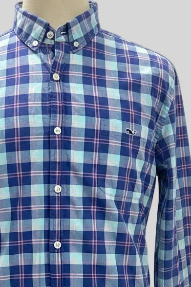 Camisa de botones Vineyard Vines 🐳 de cuadros en celeste, azul oscuro y rosado Talla L Entalle Slim Fit