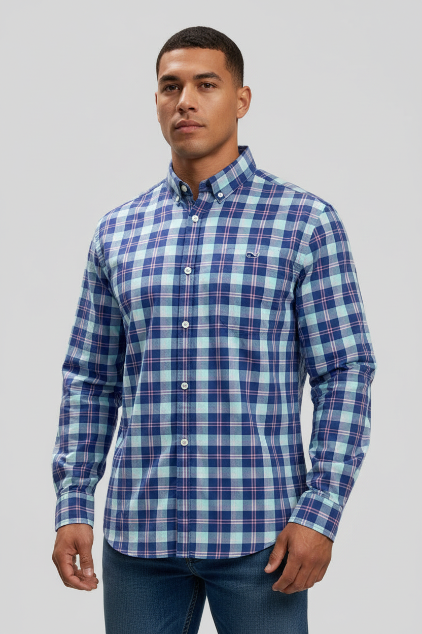 Camisa de botones Vineyard Vines 🐳 de cuadros en celeste, azul oscuro y rosado Talla L Entalle Slim Fit
