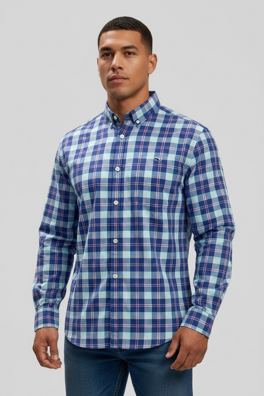 Camisa de botones Vineyard Vines 🐳 de cuadros en celeste, azul oscuro y rosado Talla L Entalle Slim Fit
